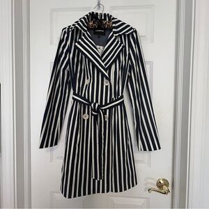 NWT Express Navy White Striped Belted Trench Coat 100% Cotton Big Collar S P
